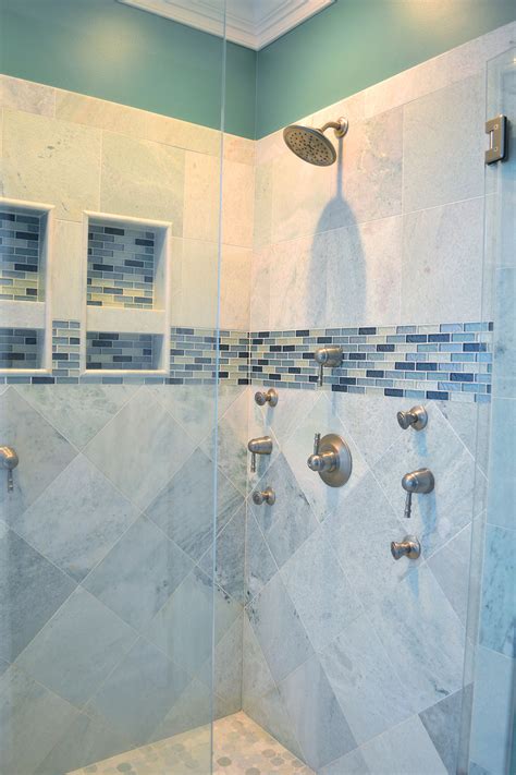Beautiful Walk In Shower With Gray Ceramic Tile With Aqua And Turquoise