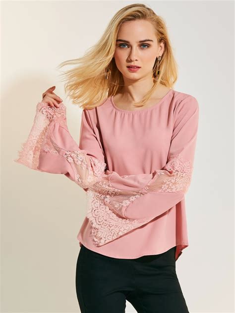 women causal lace blouse  neck flare sleeve broadcloth shirt plain solid pink elegant