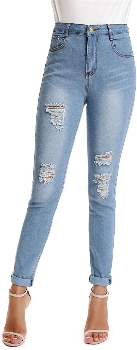 pantalones vaqueros de cintura esencial jeans alta de mezclilla mujeres flacas rasgado rodilla