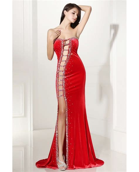 sexy cut out fitted mermaid red prom dress with slit lg0306