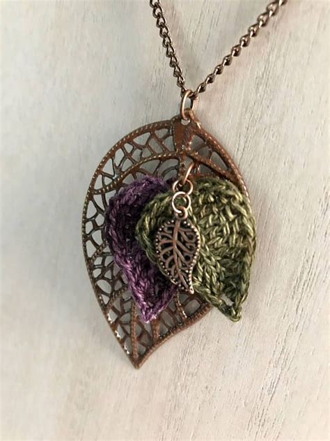 crocheted leaf necklace purple and green necklace