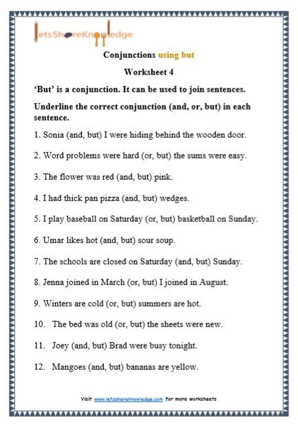 grade  grammar conjunctions   printable worksheets lets