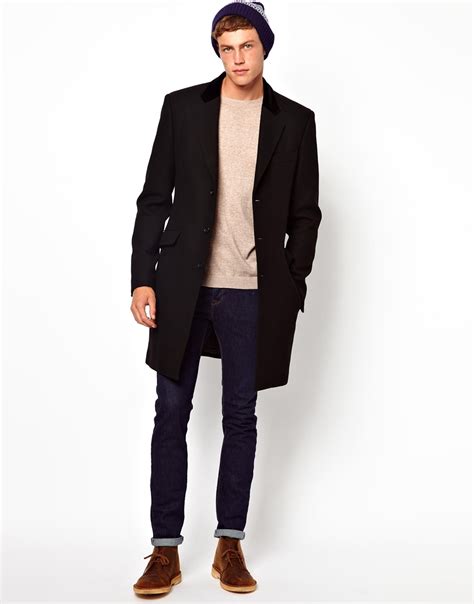 asos wool overcoat  velvet collar  black  men lyst