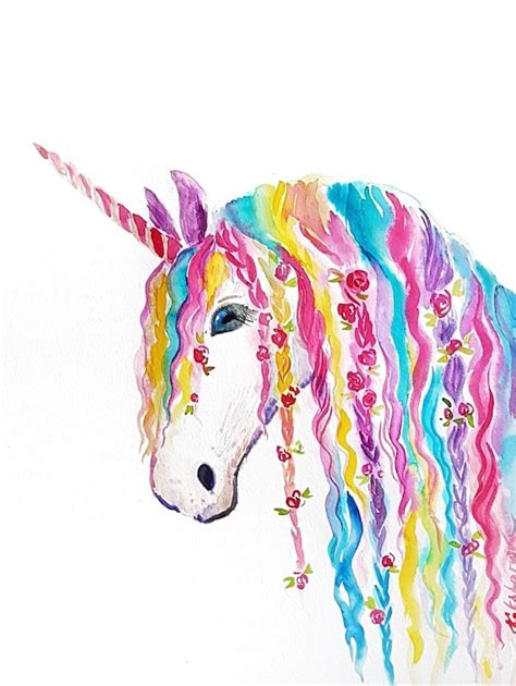 rainbow unicorn original watercolor painting nursery decor