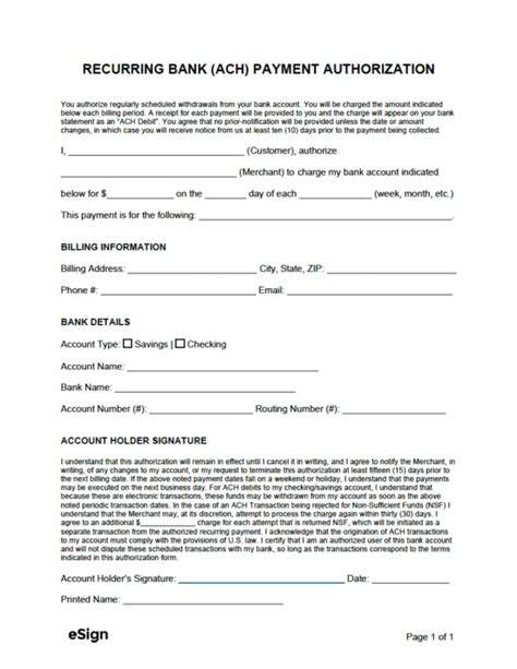 Free Recurring Bank Ach Payment Authorization Form Pdf Word