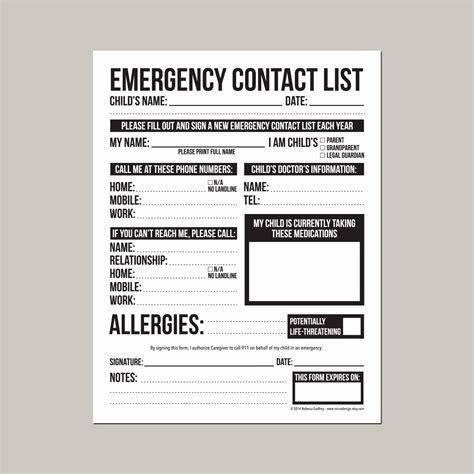 printable emergency contact card  document template