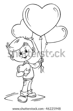 coloring boy  hearts balloons stock vector illustration