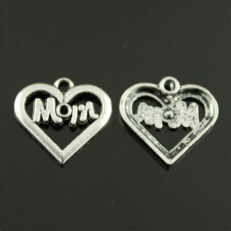 15pcs Mom Heart Charm Antique Silver Color Heart Charms Mom Mom Charms