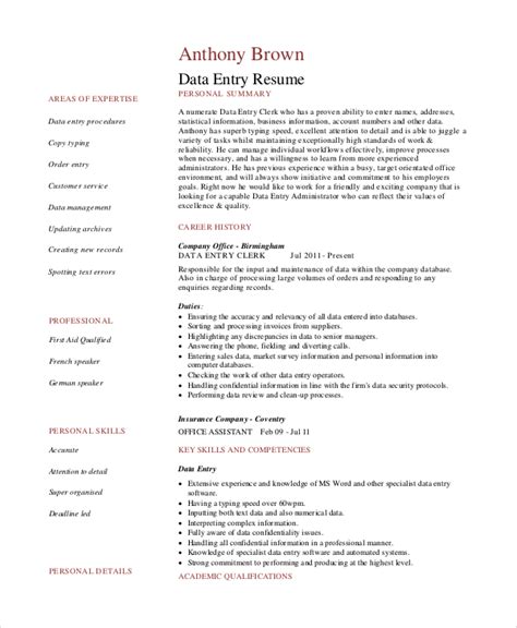 sample data entry resume templates   ms word pages