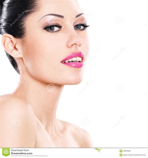 Beautiful Smiling Face Of Caucasian Woman With Pink Lips