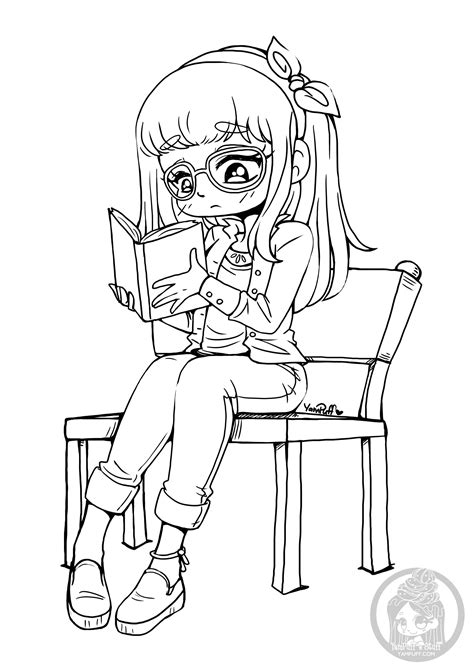 girl  reads kawaii kids coloring pages
