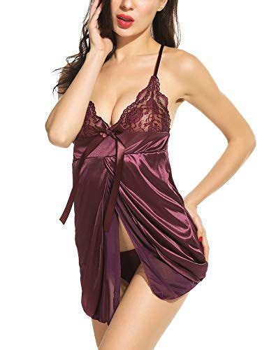 Sexy Lingerie Women Nightgowns Eyelash Lace Satin Backless Cross Side