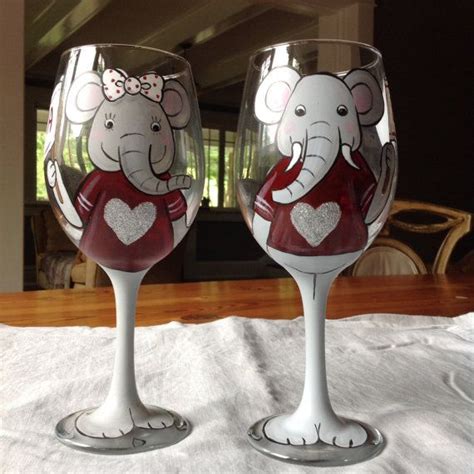Hand Painted Alabama Roll Tide Pair Wine Glasses 1 With Images