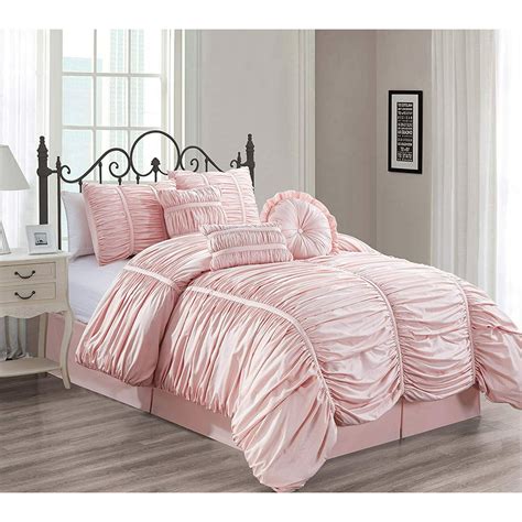 Unique Home Chic Comforter Set 7 Piece Collections Bed Set Pink Ruffle