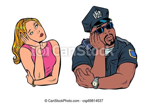 Multiracial Couple African American Cop And White Woman Pop Art Retro