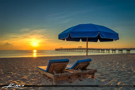 beach chairs  umbrella  lake worth pier hdr photography