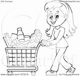 Shopping Cart Cartoon Pushing Clipart Groceries Happy Illustration Woman Royalty Visekart Vector sketch template