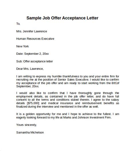 sample offer acceptance letters   sample templates