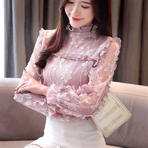 women clothing floral hollow out spring lace shirt tops see through