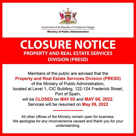 closure notice presd    ministry  public administration