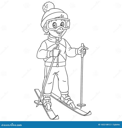 coloring page  boy skier ski running stock vector illustration