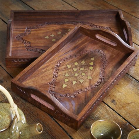 set  dark wood serving trays  brass detail serving tray wood