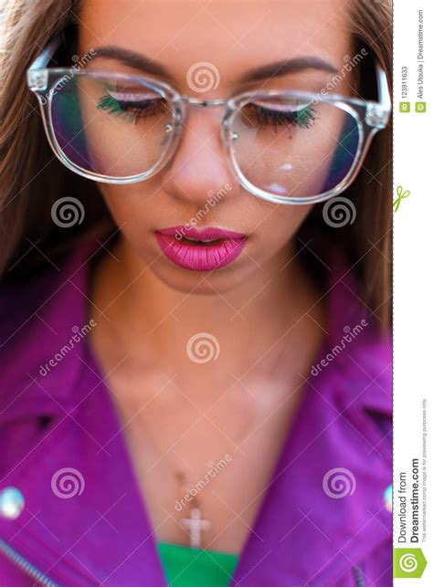 Female Face With Glasses Closeup Stock Image Image Of