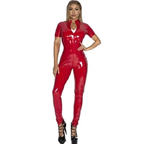 top totty red sonia saucy erotic shiny dominatrix open crotch jumpsuit