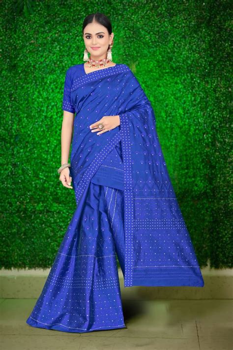 party wear embroidered royal blue mekhela chadar  blouse piece