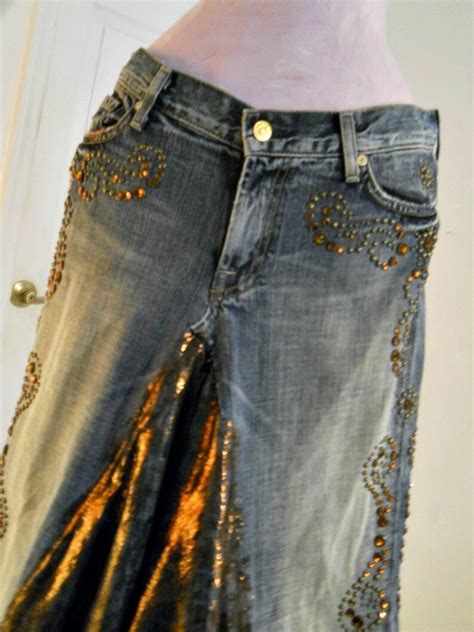 copper lace jean skirt bronze metallic lace rhinestones  etsy