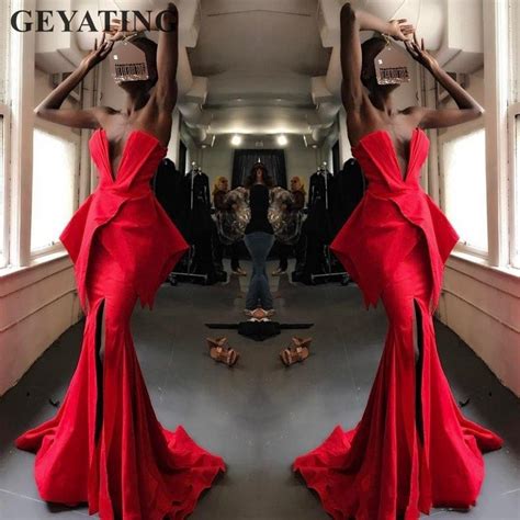 Sexy V Neck High Slit Red Mermaid Evening Dress 2019
