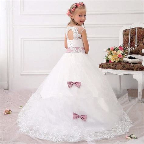 White Tulle Flower Girl Dresses For Weddings Cheap Lace With Bow Belt