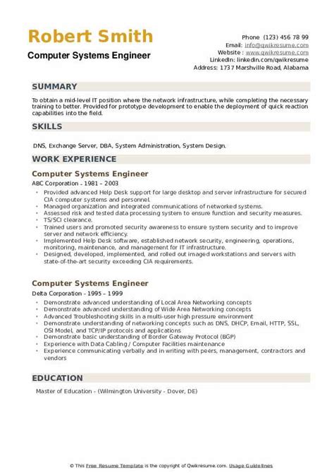 computer systems engineer resume samples qwikresume