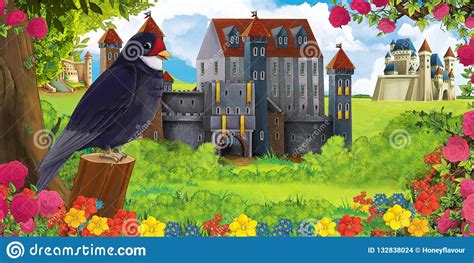 Cartoon Nature Scene With Beautiful Castles Near The