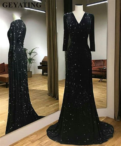 Sparkly Black Sequin Mermaid Evening Dresses Long Sleeves 2019 Elegant