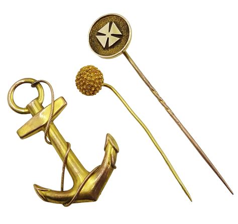 gold anchor brooch stamped 9ct 18ct gold ball stick pin and one other
