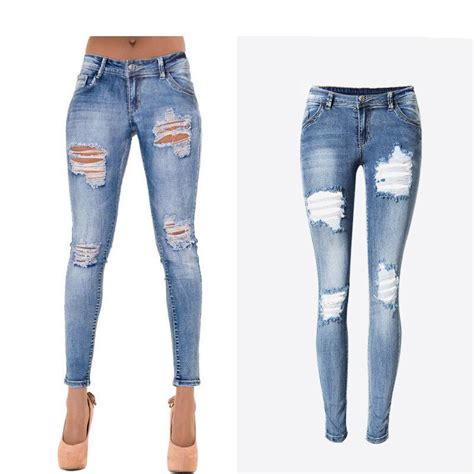 ripped jeans sexy mid waist denim fashion stretchable romantic washed
