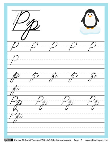 cursive alphabet trace  write letter p  printable puzzle games