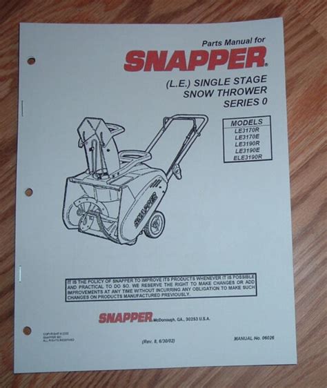 snapper le series  snow blower illustrated parts list manual  ebay