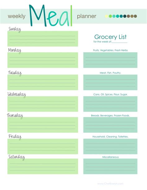 weekly meal planner  grocery list grocery list template