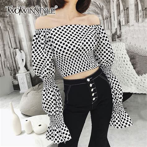 twotwinstyle dot blouse for female slash neck tunic high waist flare