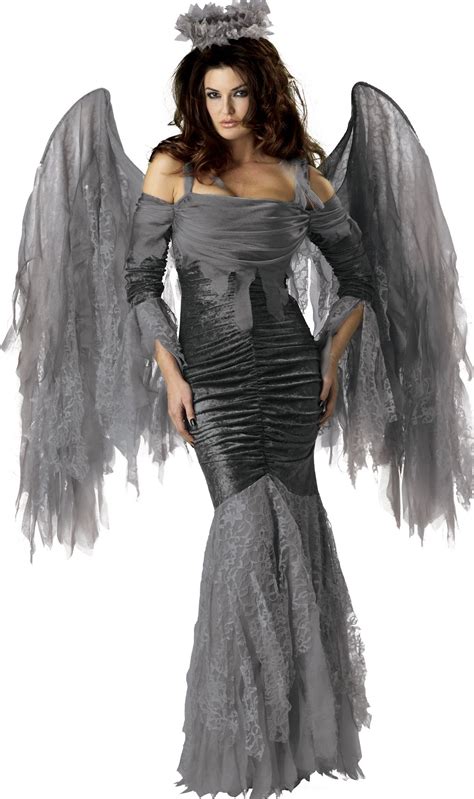 Sultry Gray Gothic Angel Costume With Lace Wings And Halo