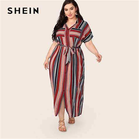 Shein Plus Size Multicolor Pocket Patched Belted Striped Shirt Dress