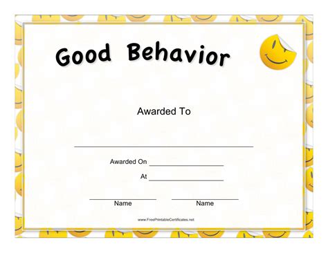 good behavior certificate template yellow  printable