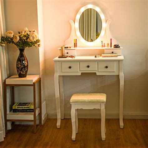 gymax gymax 5 drawers vanity makeup dressing table stool set lighted mirror w 12 led bulbs