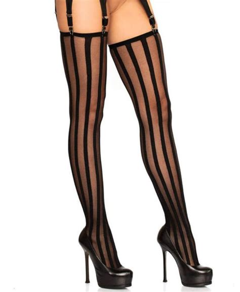 9209 Leg Avenue Sheer Stockings With Black Opaque Vertical Stripes