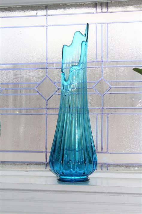 Large Blue Swung Glass Vase 20 5 Vintage 1960s