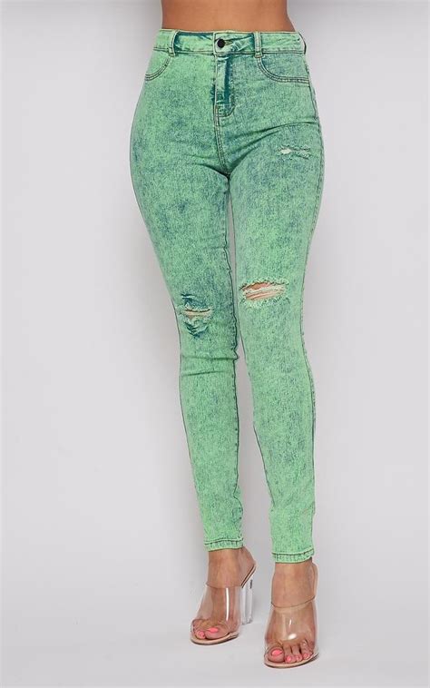 Acid Wash Slightly Ripped Stretchy Skinny Jeans Green