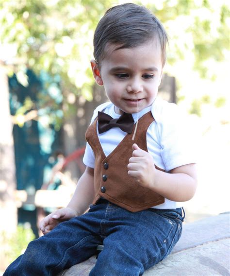 fall baby clothes boy brown suede vest  bow tie picture outfit