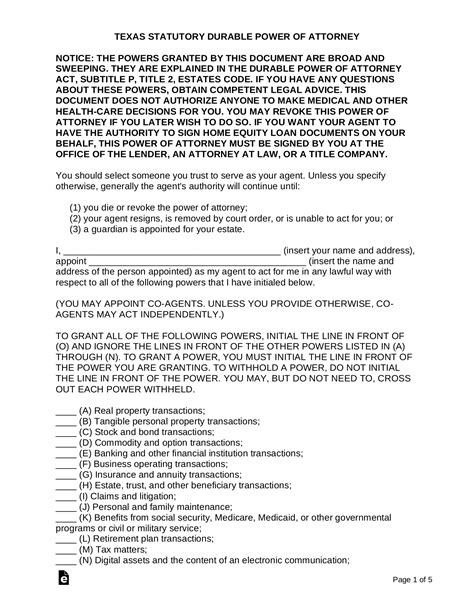 texas durable statutory power  attorney form  word eforms